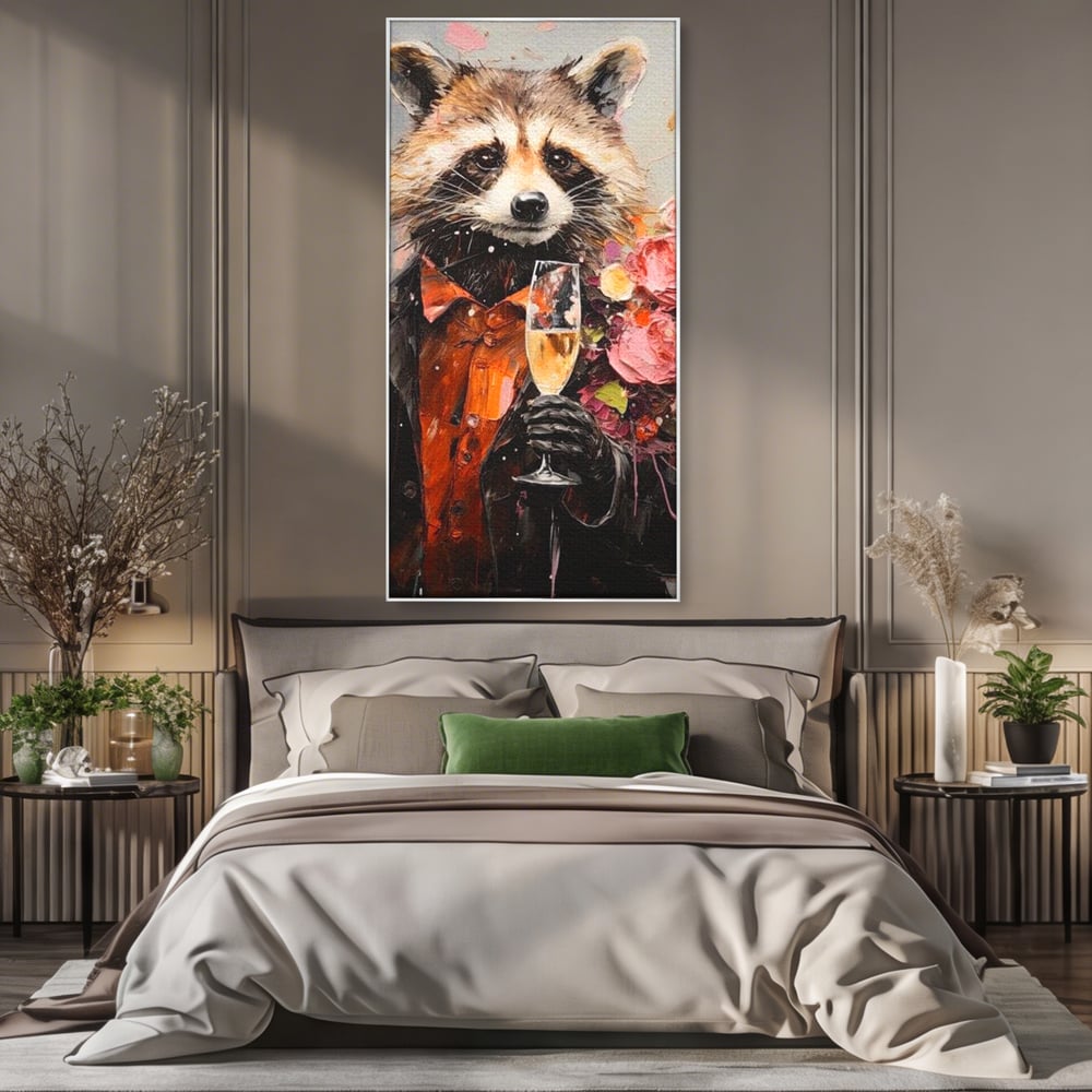 Tablou canvas cu tablou canvas cu raton elegant tinand pahar de sampanie, in rama de aluminiu argintiu, pe perete intr-un dormitor